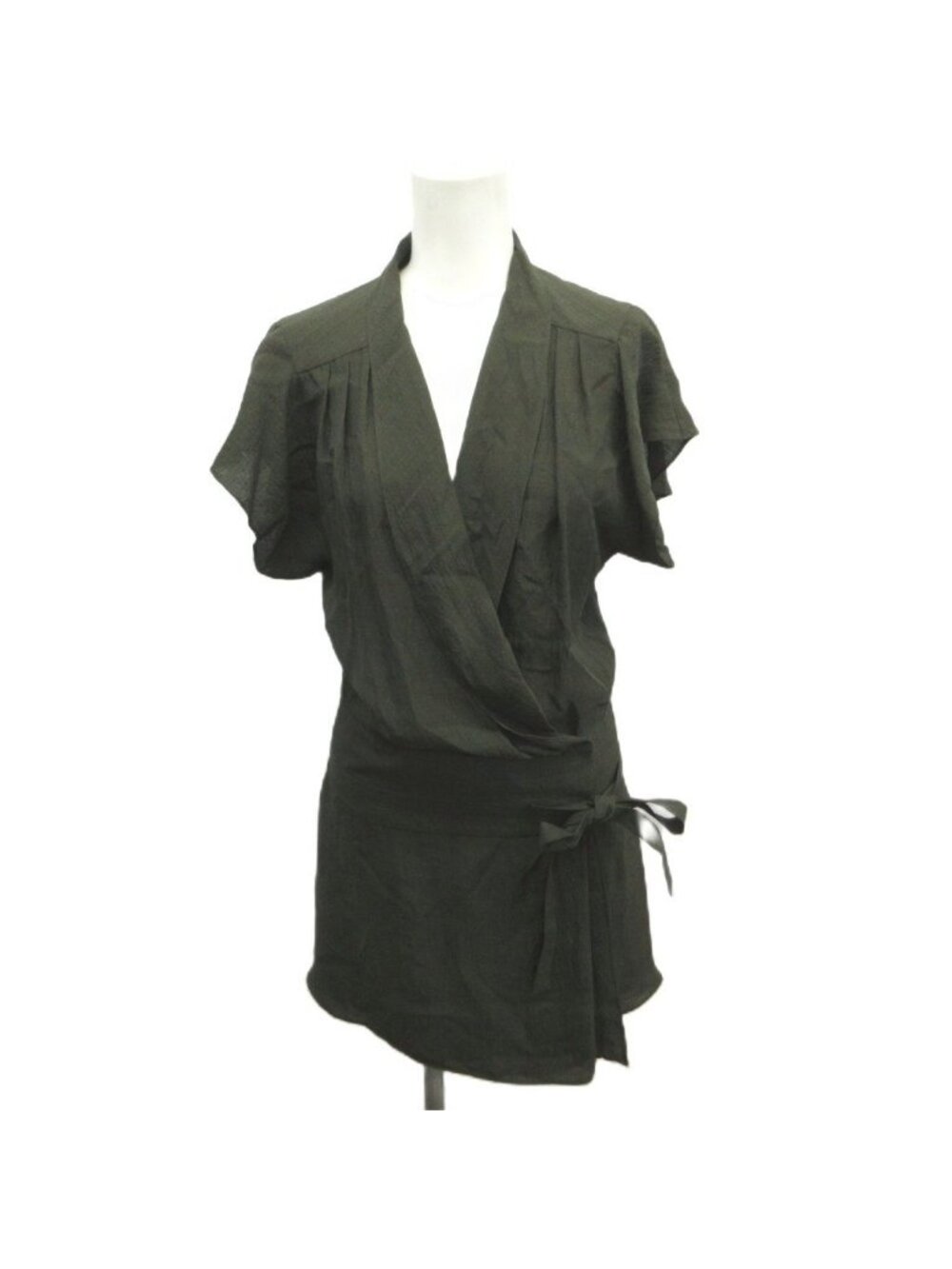 Balenciaga Tunic Dress Silk Khaki V-neck Short Sleeve Cachecoeur Wrap Design 34